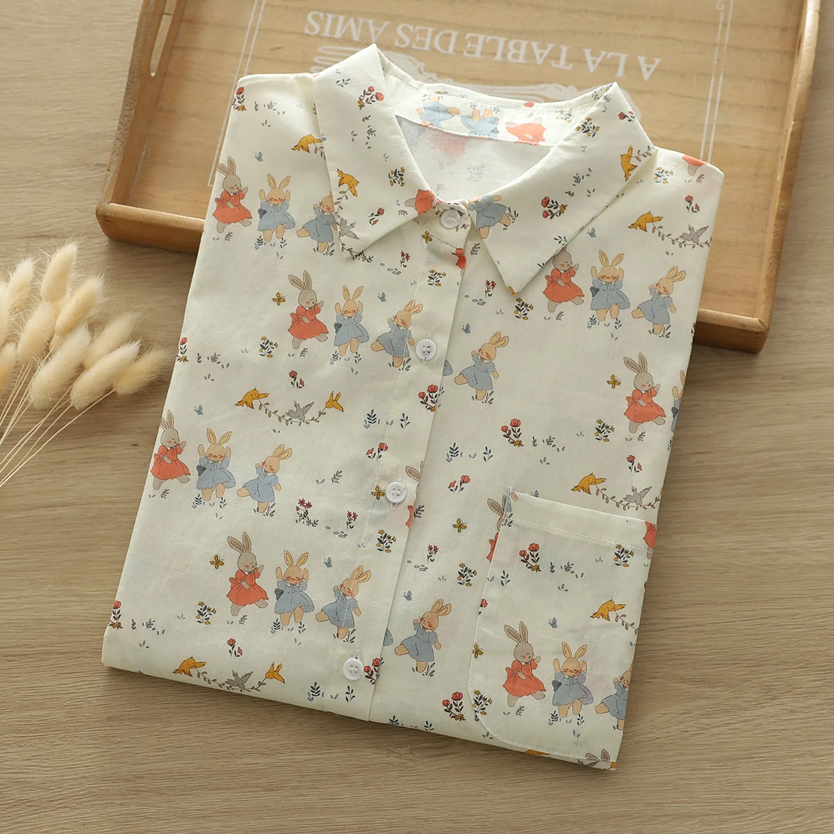 New Spring Cotton Rabbit Printed Shirt Women Lapel Short Sleeve Sweet Tops Girl Age Reduction Loose Blouses 2024 Autumn T44643QC