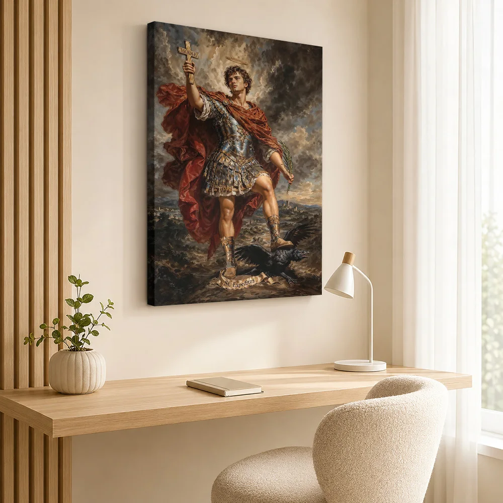 Saint Expeditus Triumphant Over A Raven Framed Canvas Print Poster Custom Photo Spiritual Mythology Wall Art for Bedroom Decor
