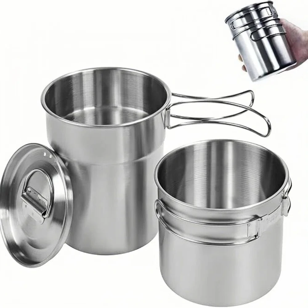 Foldable Camping Cups Mugs Camping Pot Cookware 304-Food-Grade Outdoor Camp Cooking Set with Vented lid,Stainless Steel Backpack