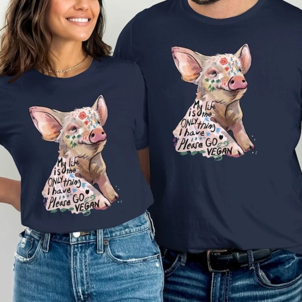 Go Vegan derechos de animales con mensaje camisetas gráficas mujer hombre moda de verano Casual Camiseta de algodón ropa de calle Tops camiseta Retro