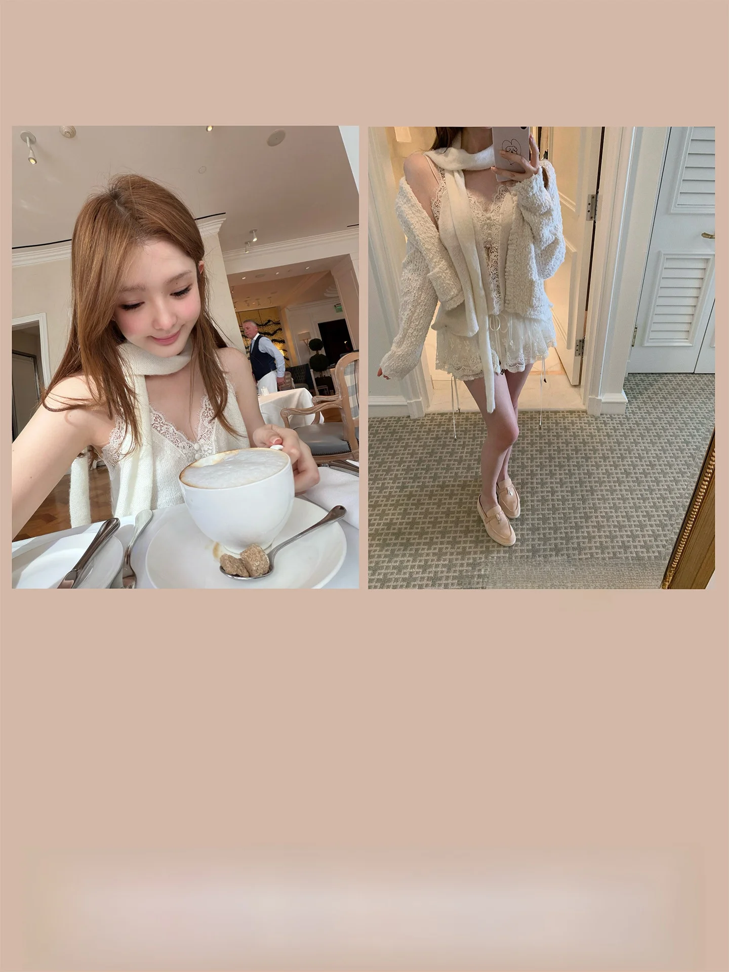 

DOGGYQIN Spring Ocean Floral Knitted Outerwear Women's Lace Trim V-Neck Vest Set Textured Feel Casual Style Long Sleeve