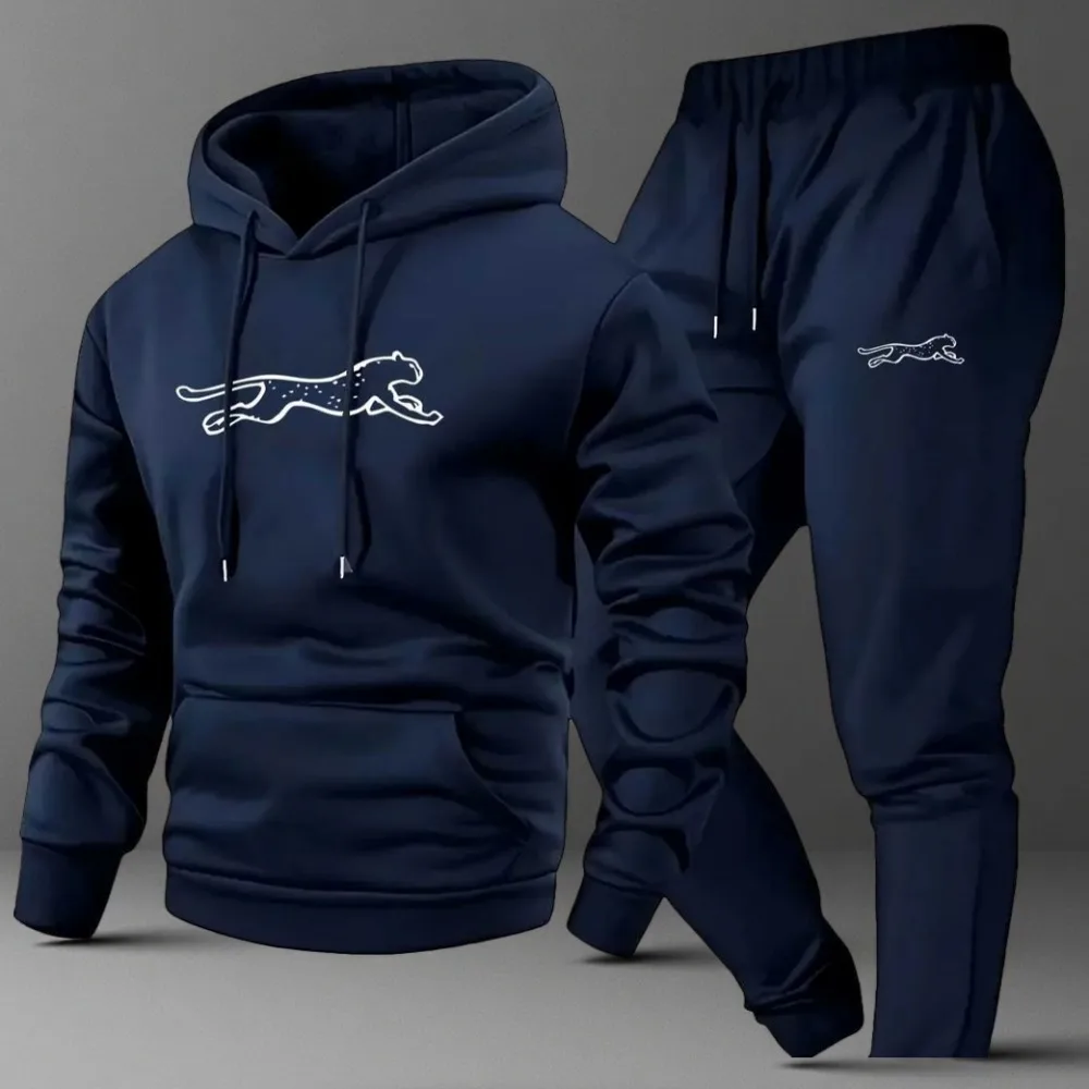 Men's hooded sweatshirt and sweatpants set, casual long-sleeved, printed hooded style, comfortable pocket, street style