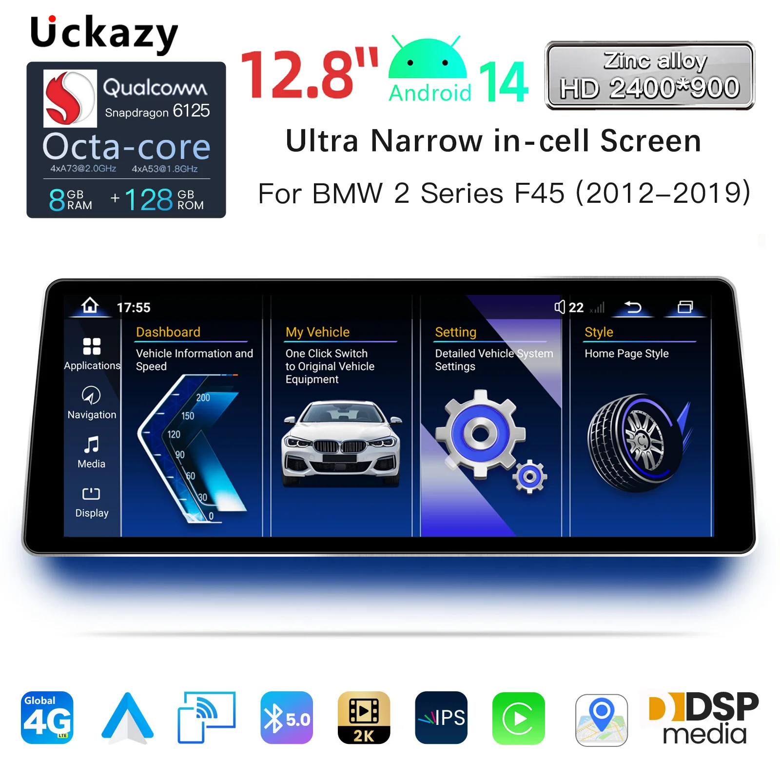 12,8 дюйма, 2400*900, высокое разрешение, Android 14 Snapdragon 665 Uckazy Wireless CarPlay для BMW 2 серии F45 F46 2013-2019 NBT EVO, система автомобильного радио, мультимедиа, Android, автонавигация, GPS