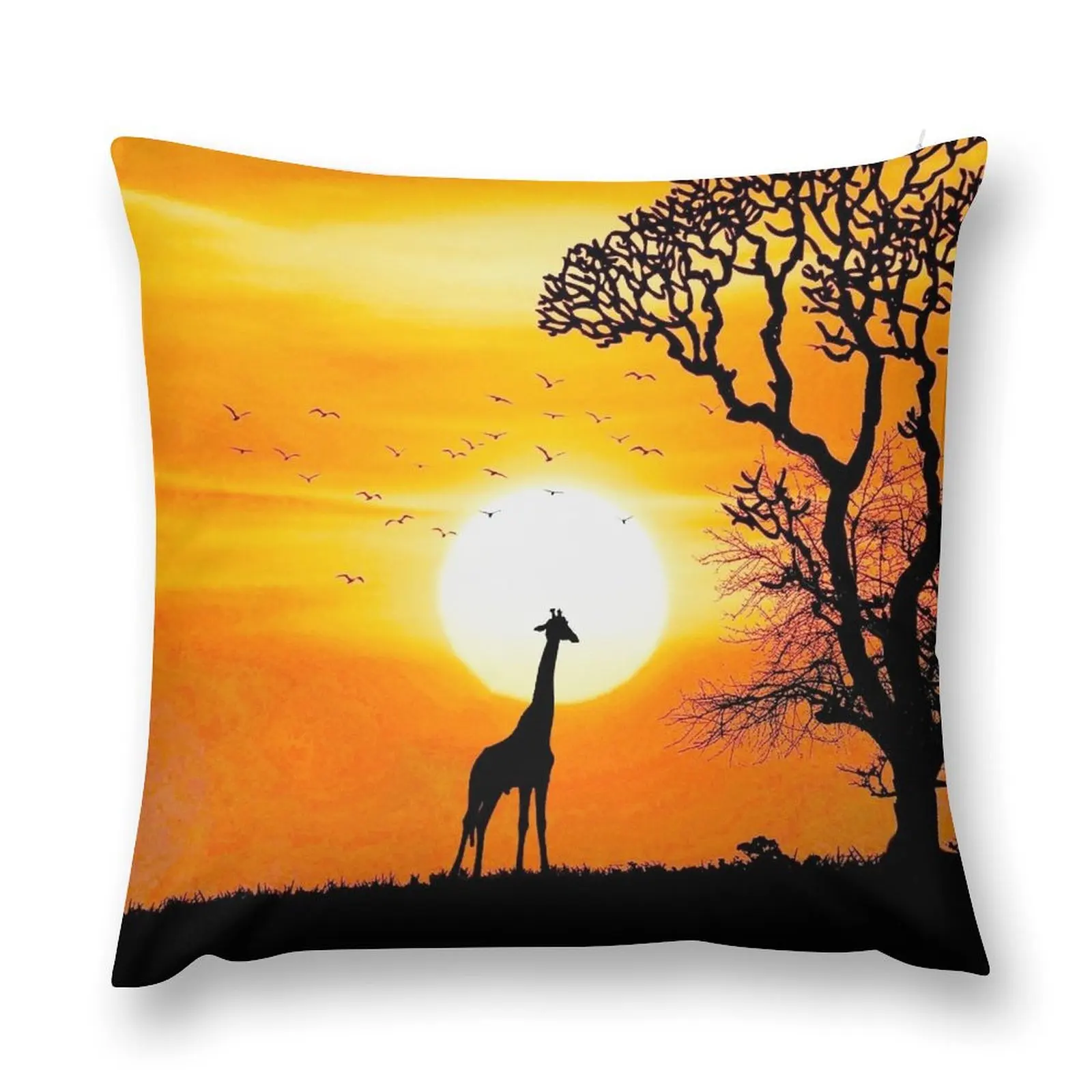 

Vibrant Orange Sunset with Giraffe Silhouette and Savannah Tree Throw Pillow Pillow Case luxury home accessories pillow