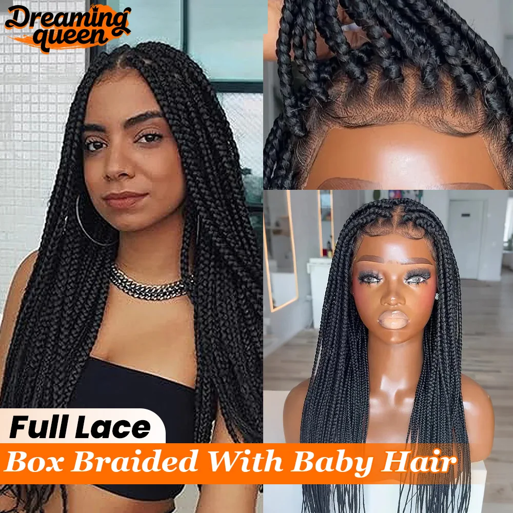 Wig sintetis Bohemian Micro Twist dengan tali serut tak terlihat, Full Lace Box Braided dengan Baby Hair Dreaming Queen, kepadatan 180%