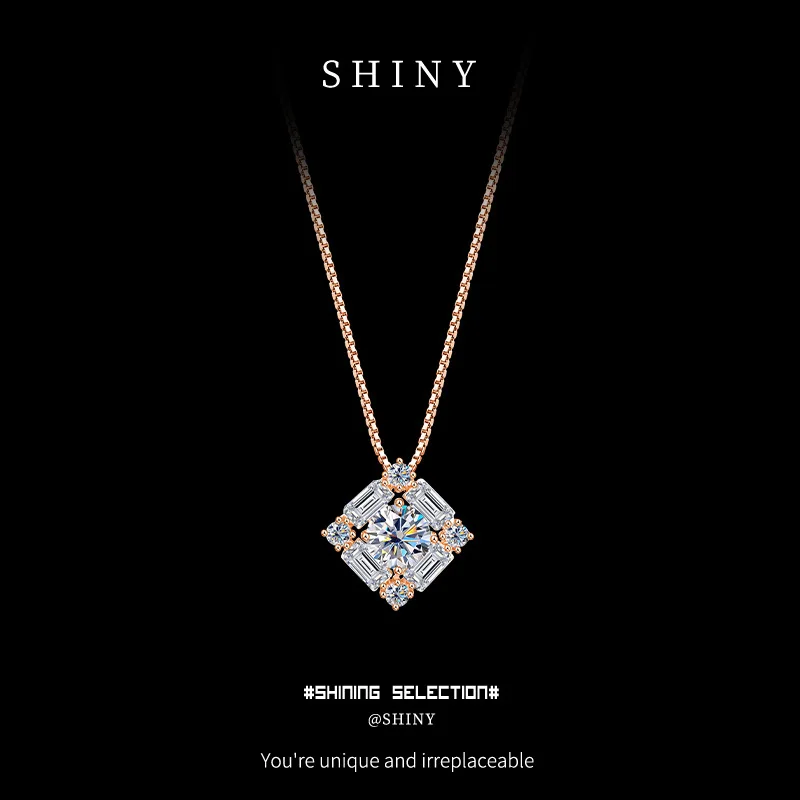 

S925 Sterling Silver Inlaid Moissanite Crystal Block Necklace 1ct VVS1 D Color Square Design Collarbone Chain for Valentine's Da