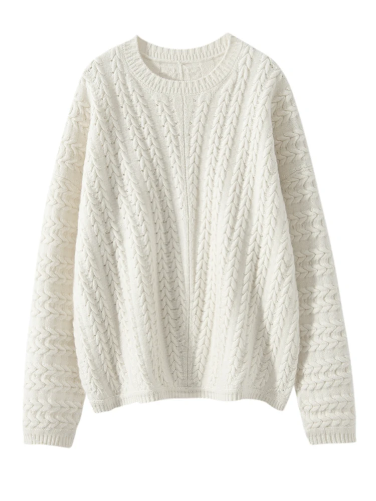 

Women 100% Cashmere O-neck Knitted Pullover Shirt Autumn Winter Thick Warm Cable Stitch Sweater Elastic Loose Soft Top New Model