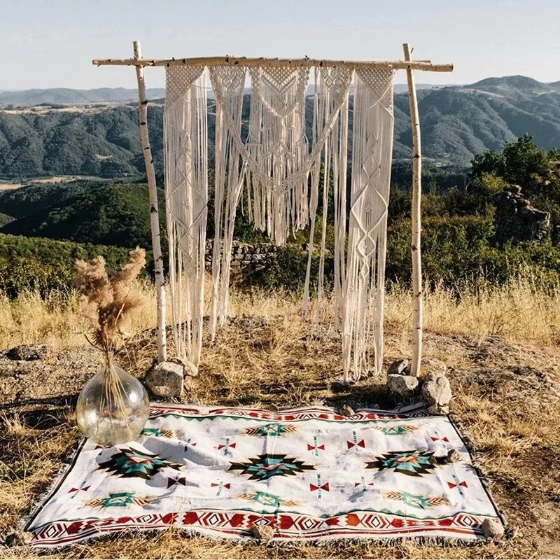 Tribal Indian Outdoor Rug 90x90cm 90x150cm 90x180cm 130x180cm Camping Picnic Mat Boho Bed Plaid Sofa Travel Tassel Linen