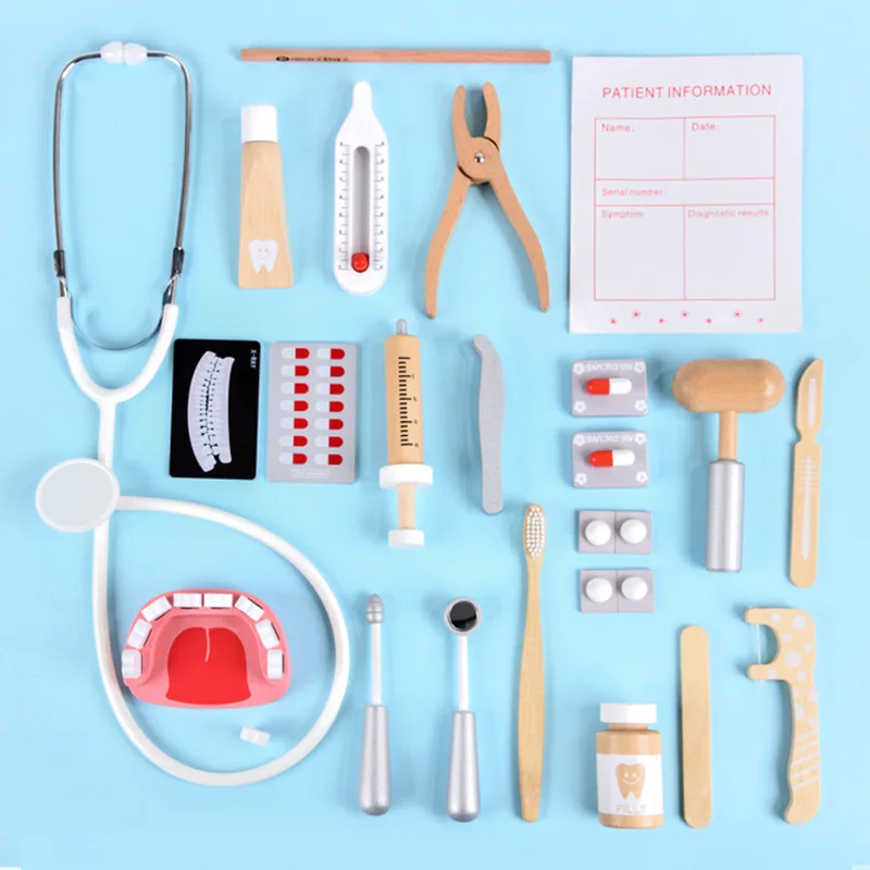 Wooden Pretend Play Kids Educational Toys Doctor Set Simulation Medical Equipment Set Children Storage Box Playing Games Cosplay