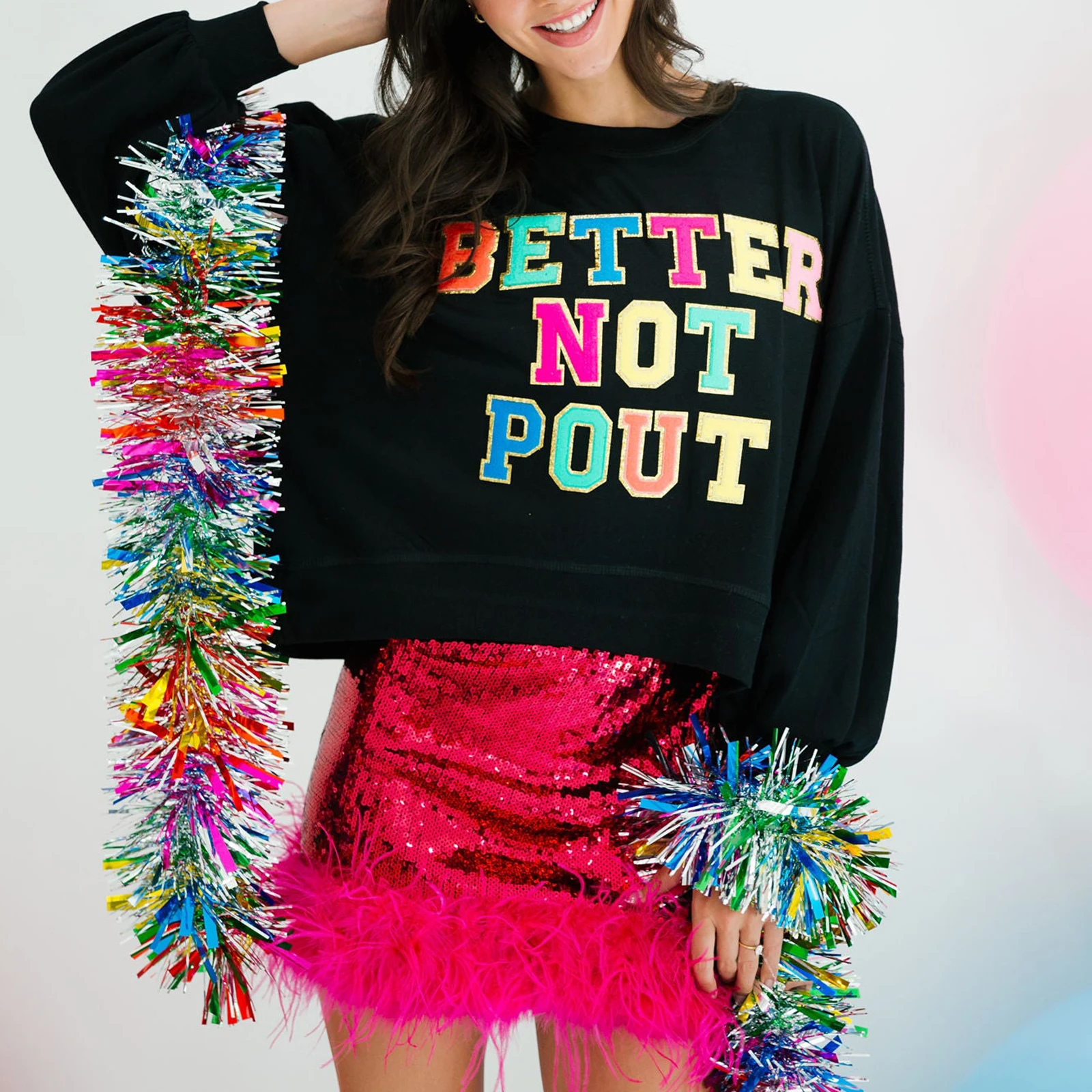 

Рождественский женский свободный пуловер с блестками и блестящими стразами, толстовка с круглым вырезом и длинными рукавами с буквенным принтом