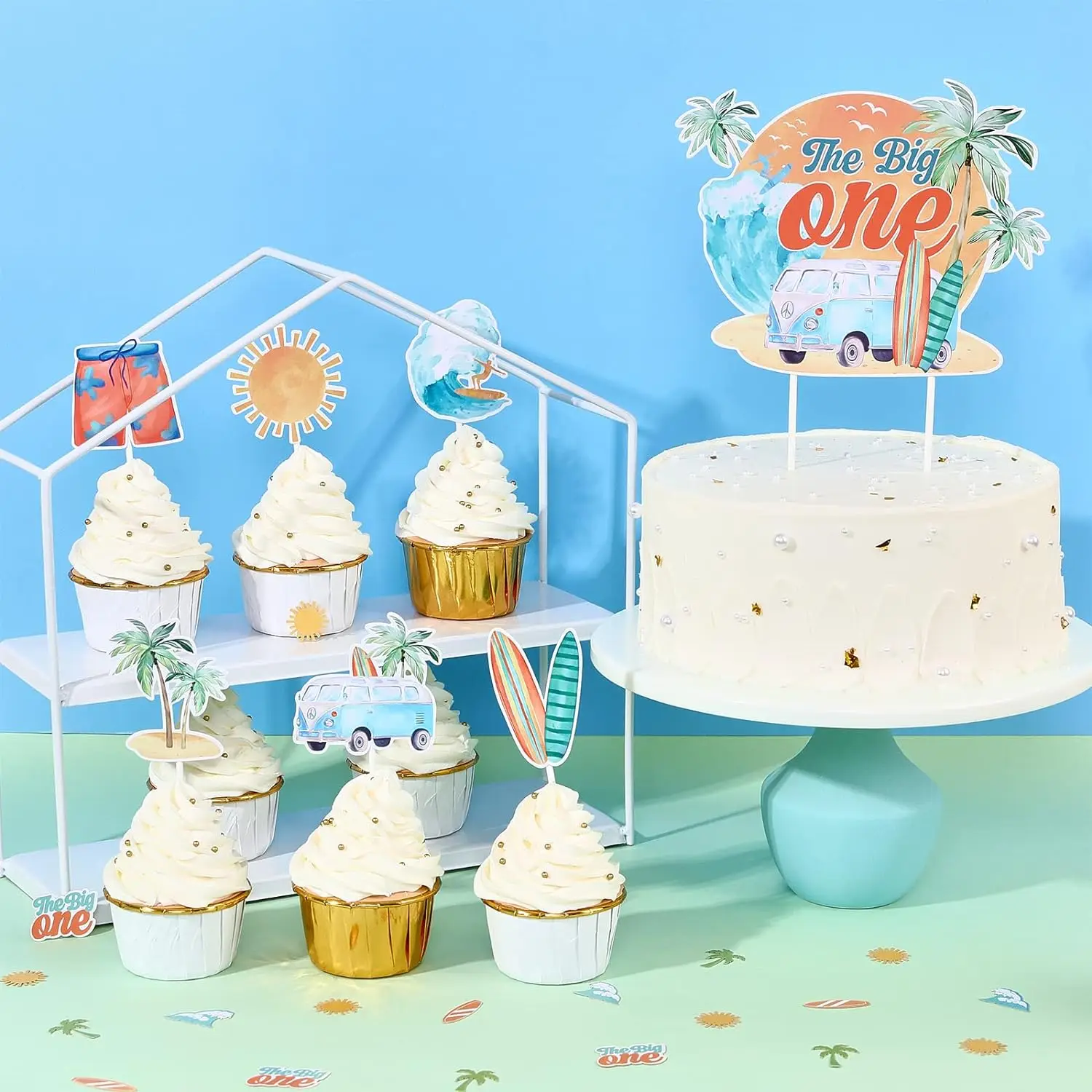25Pcs The Big One Surf Cake Toppers for 1st Birthday Summer Beach Birthday Decor for Boy Girl’s First Birthday Party Supplies