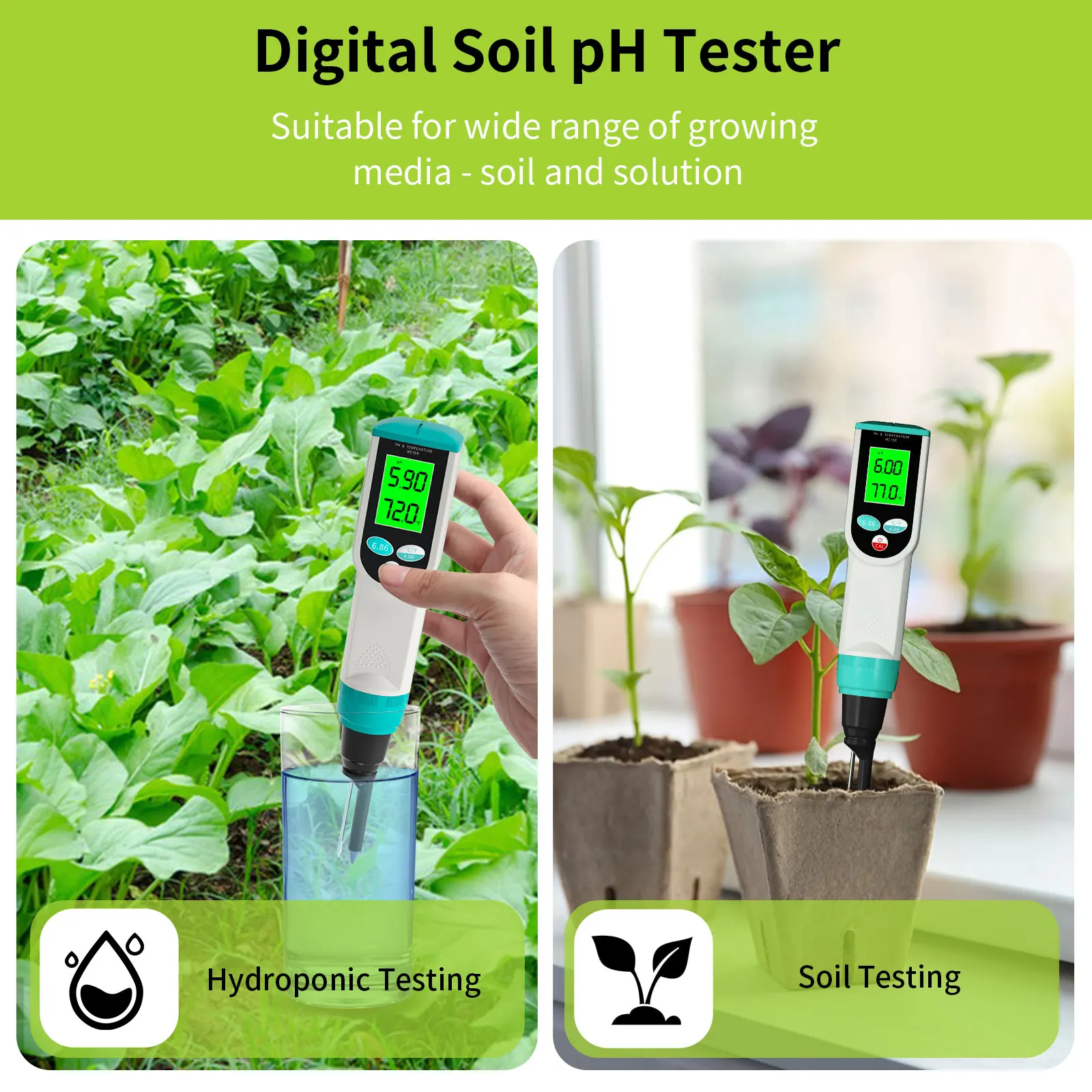 Medidor de PH del suelo de alta precisión 0,00 ~ 14.00pH Digital Temp acidez Analizador de Sensor de probador de suelo para plantación al aire libre