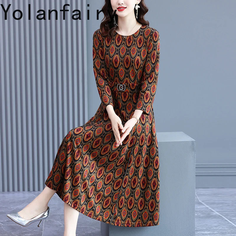 

YOLANFAIRY трикотажное платье для женщин, осенне-зимнее роскошное элитное ретро-жаккардовое элегантное женское длинное платье с завязкой на талии, 2025 г.