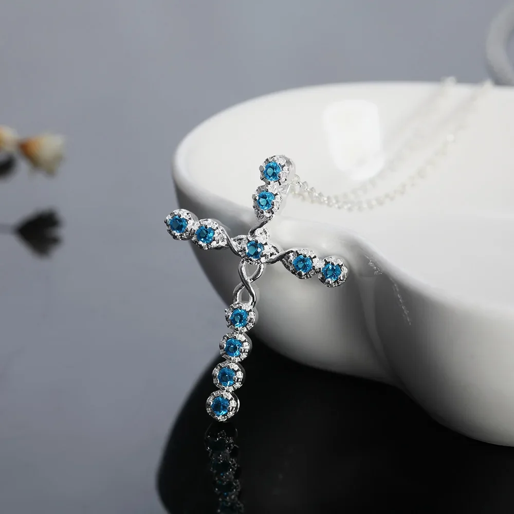 Lihong 925 Sterling Silver Necklace Zircon Cross Pendant Necklace Women Men Wedding Accessories Jewelry Gifts