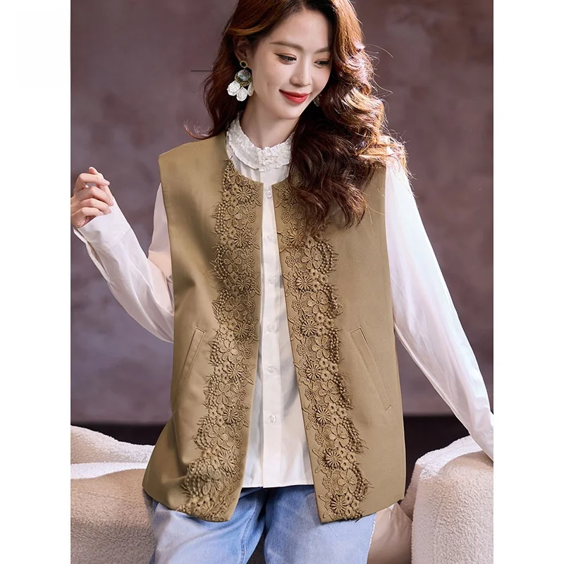 

Faionable Lace Splice round Ne Svel Vest Spring New Sle Versatile Ele JOVKATTI Women's Jaet Outerwear