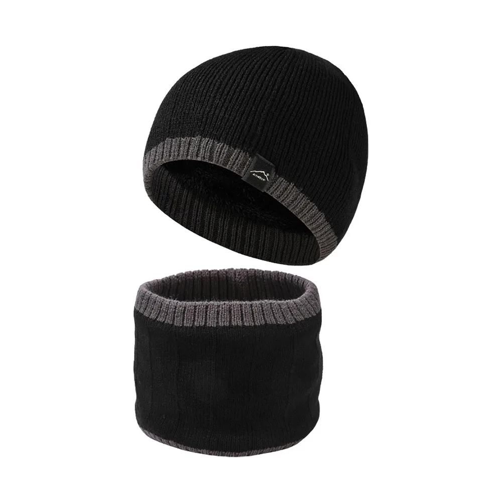 

Thickened Warm Hat Scarf Set Fleece Lining Neck Protection Men's Knitted Hat Beanies Outdoor