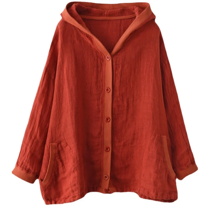 Cotton and Linen Retro Top Women's 2025 Summer and Autumn Loose Hooded Long-sleeved Cardigan