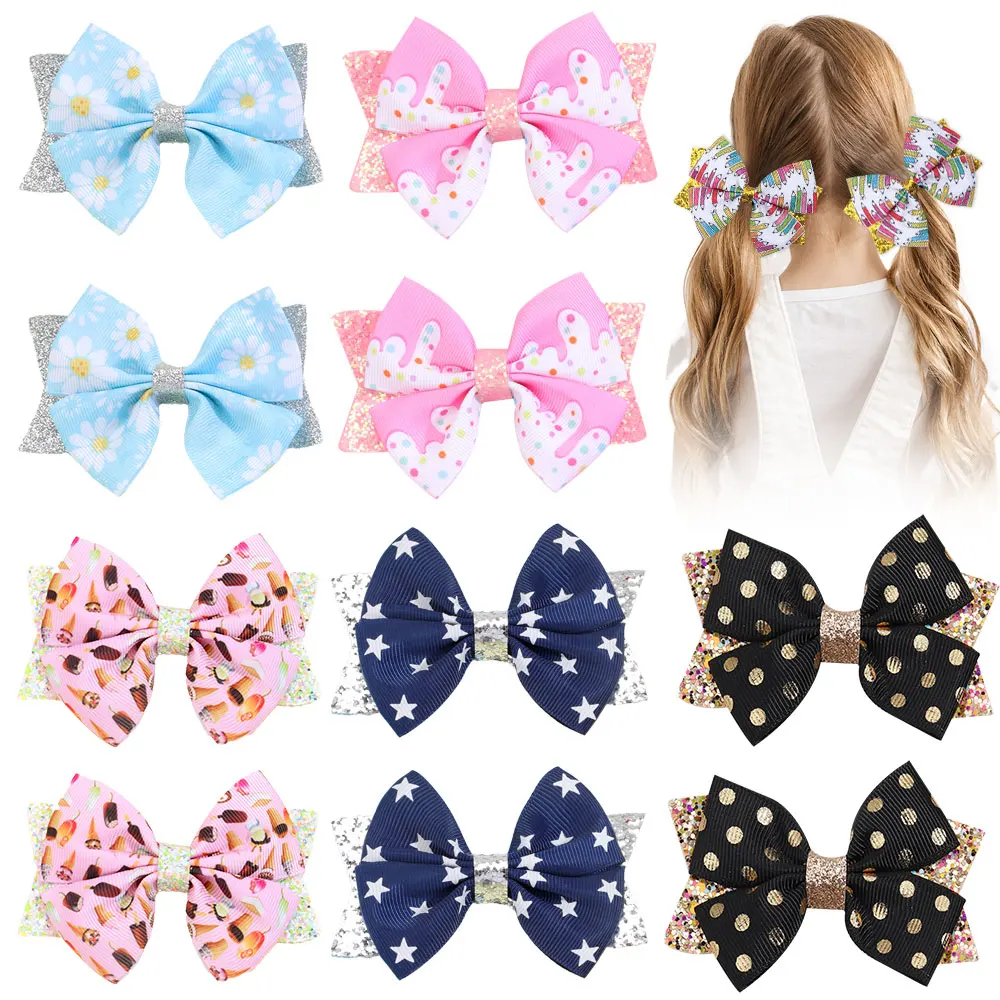 

ncmama 2Pcs/set Glitter Hair Bow Clips For Kids Girl Fashion Handmade Bowknot Hairpin Barrettes Child Headdress Hair Accessories