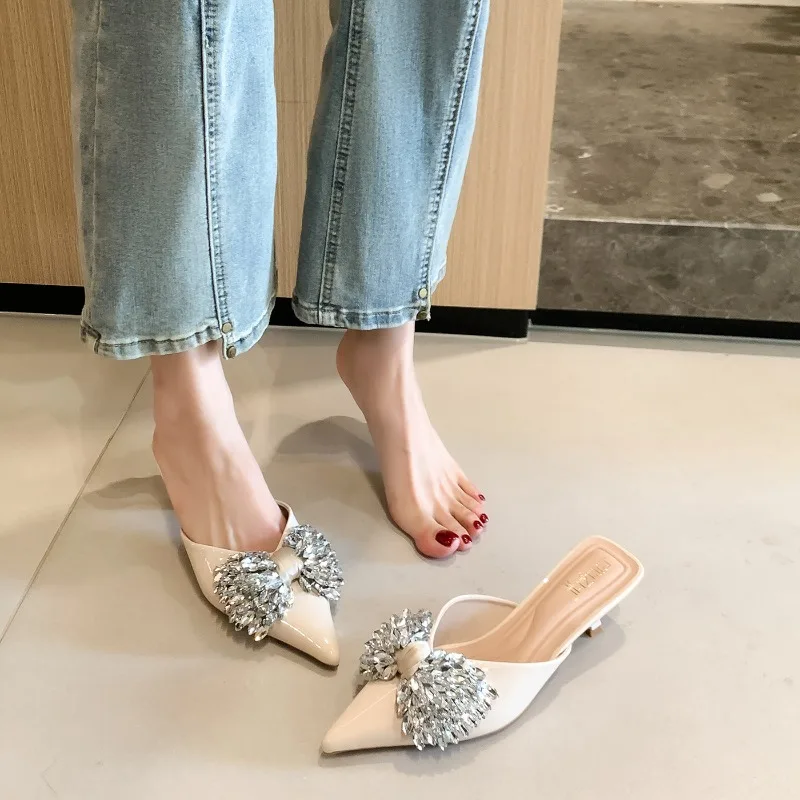 Women High Heels Pointed Toe Patent Leather Mule Slides Sparkly Rhinestone Bow Kitten Sandals Women Backless Slip on Party Mules