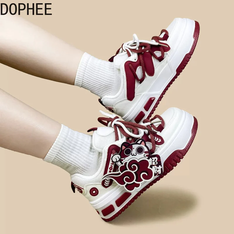 Korea All-match Red Thick Soled Bread Shoes Women's Comfortable Height Increasing Shoes Round Toe Lace-up Students Flat Shoes