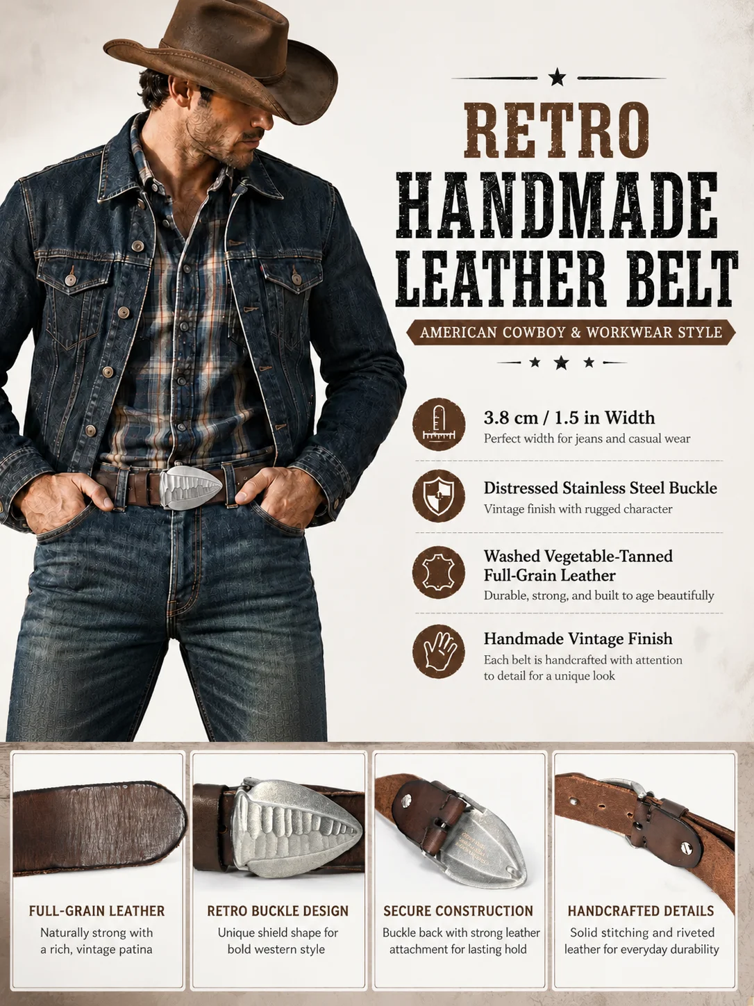 3.8cm Wide Men's Premium Stainless Steel Plate Buckle Casual Jeans Belt, Original Top-Grain Cowhide, Retro Rugged Style Design
