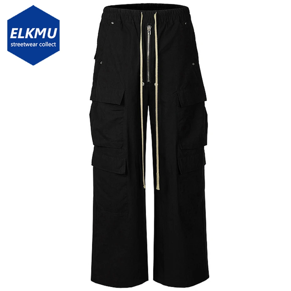 

Ro Style Wide Leg Drawstring Black Cargo Pants Unisex Straight Baggy Casual Overalls Men's Streetwear Loose Oversized Trousers