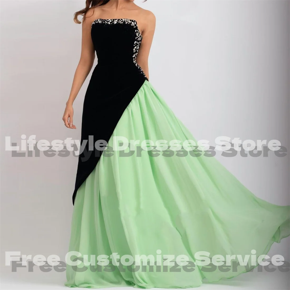 Customized Strapless Chiffon Patchwork Prom Dresses 2024 Beaded A-Line Evening Gown Party vestidos para eventos especiales