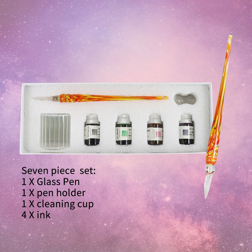 Conjunto de canetas de mergulho de vidro manchado 4 cores tinta retrô conjunto de canetas de assinatura criativa presente