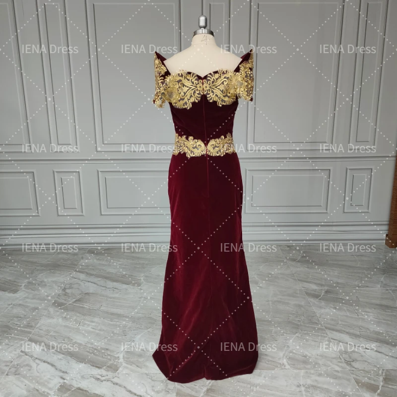 14548#IENA 2023 Kaftan Dubai Evening Dress Elegant Lace Applique Velour Saudi Arabic Muslim Formal Prom Party Gown New Fashion