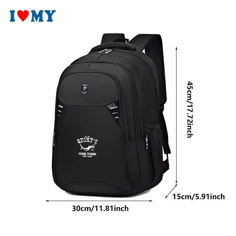 Quint's Shark Fishing Black Backpack for Men & Women, Spacious Daypack for School College Travel Commuting