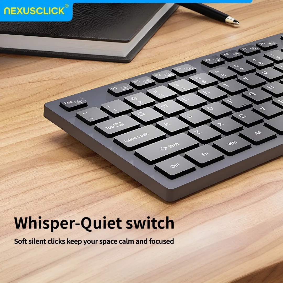 NexusClick 2.4G Wireless Keyboard Mouse Combo, Low Profile Switches Full Size, Quiet Ergonomic Battery Powered Office Home Work