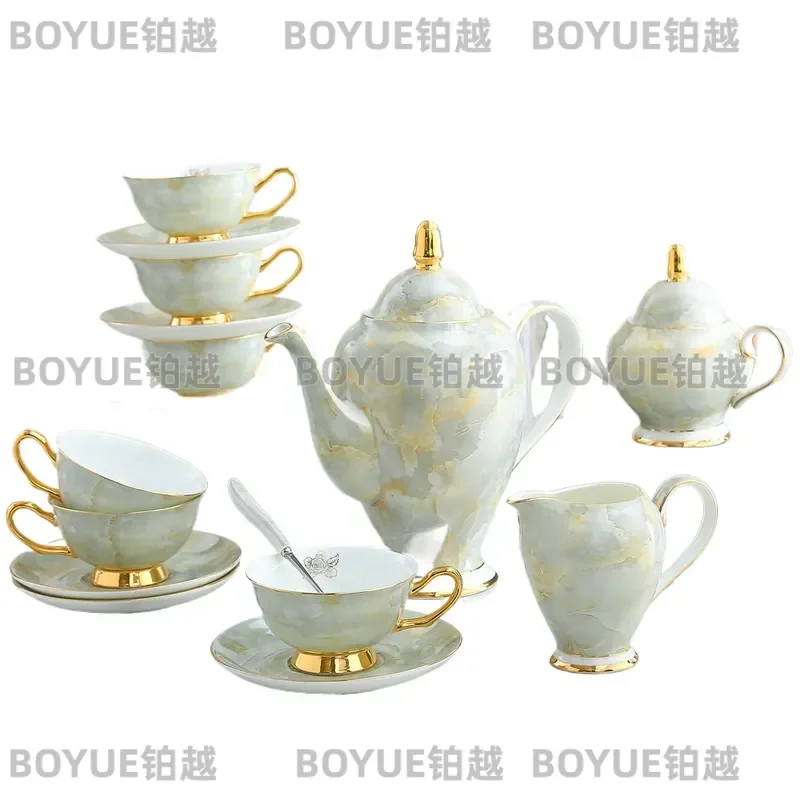 Nordic Marble Bone China Coffee Set Hand Painted Gold Large Capacity Pot Cup Saucer Spoon Elegant Tableware for Home Kitchen