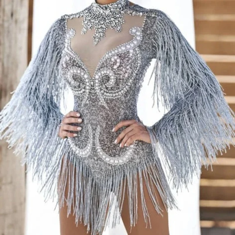 

Sexy Long Sleeves Sparkly Rhinestones Dress Assel Pearls One Piece Short Jumpsuit Outfits Dancewear Women Stage Party Bodysuit