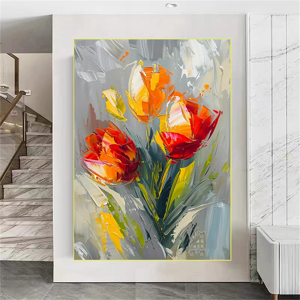 100% Handmade Large-Sized Home Decoration Canvas, Wall Art Oil Painting, Thick Texture, Tulip, Lily, Peony Knife Painting