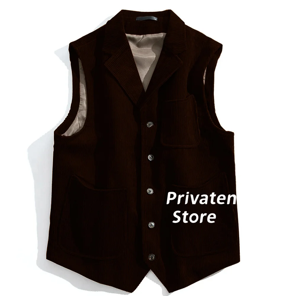 Men Vest Cotton Corduroy Light Brown Notched Lapel Solid Color With Pockets New Style Gilet For Male Clothing  жилетка