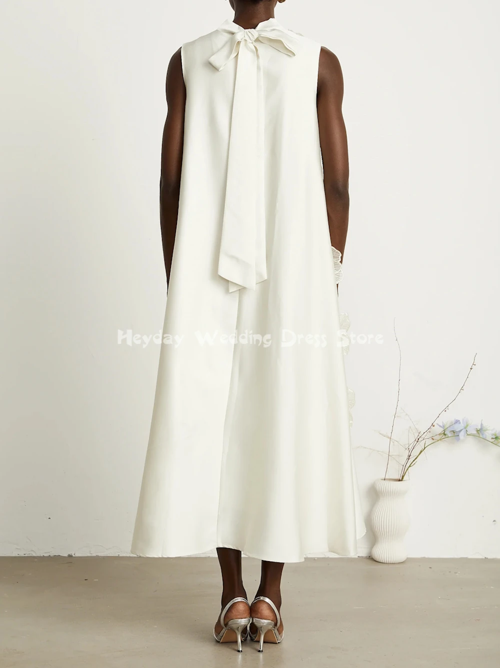 Heyday personalizado feminino alta pescoço 3d flores uma linha vestidos de noite com mangas chá-comprimento vestidos de festa elegantes 2025