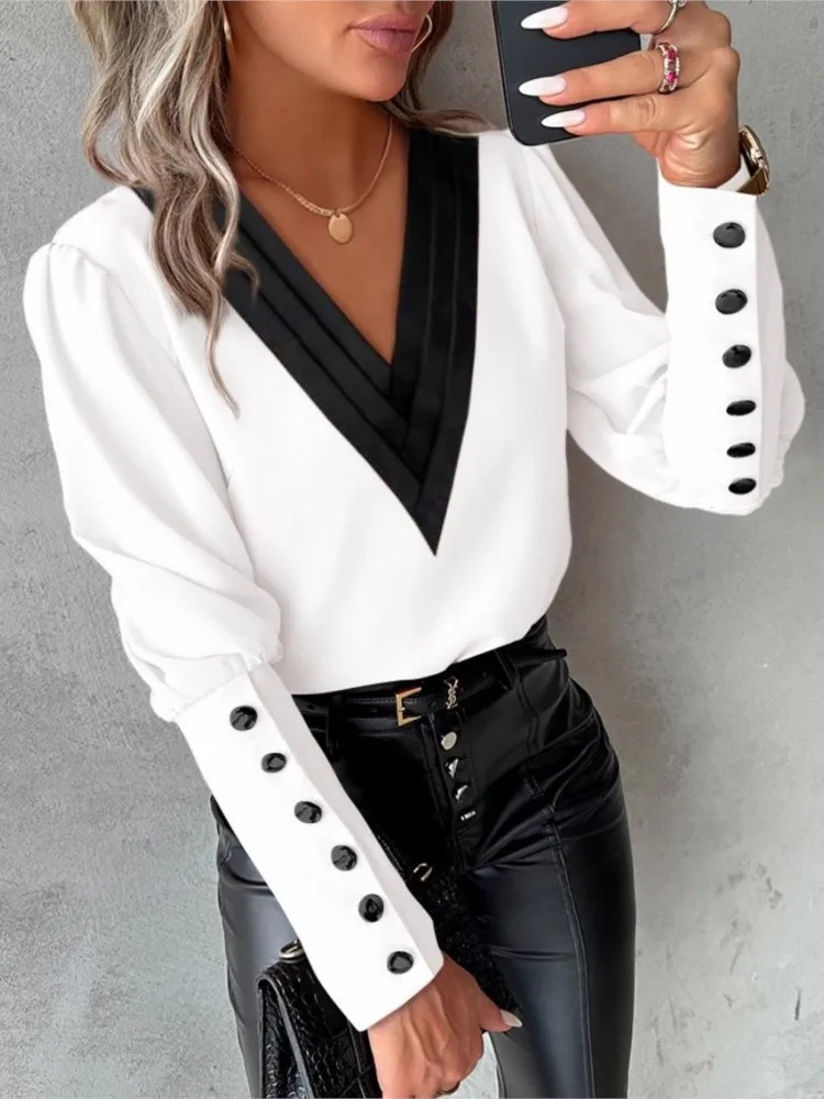 

Lady V Neck Shirt Fashion Patchwork Long Sleeve Button Pullover Shirts Tops For Women Holiday Office Chic Women's Clothing New