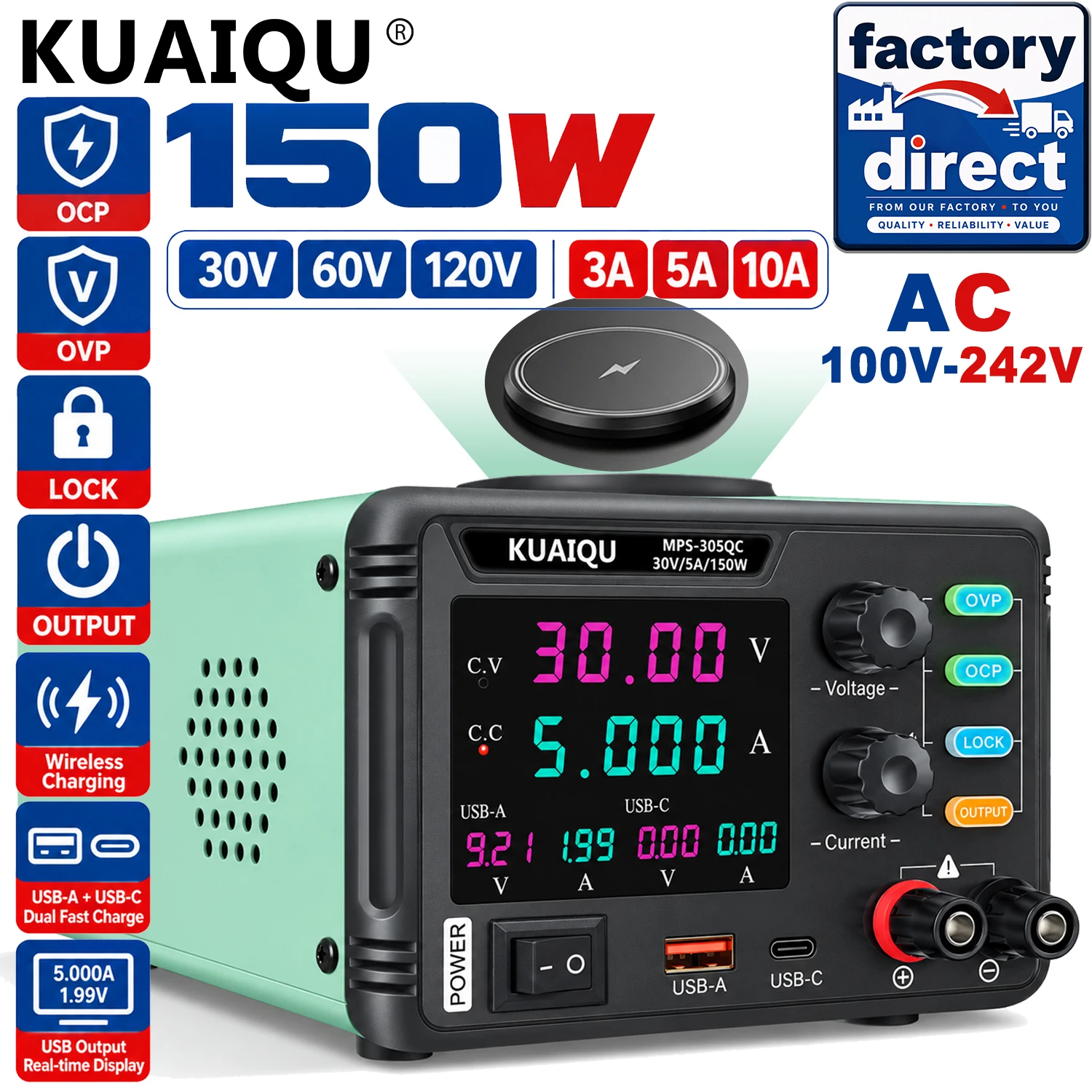 banc-d'alimentation-de-charge-sans-fil-kuaiqu-reglable-150w-30v-60v-120v-usb-2-surveillance-dynamique-ocp-ovp-courant-preregle-marche-arret