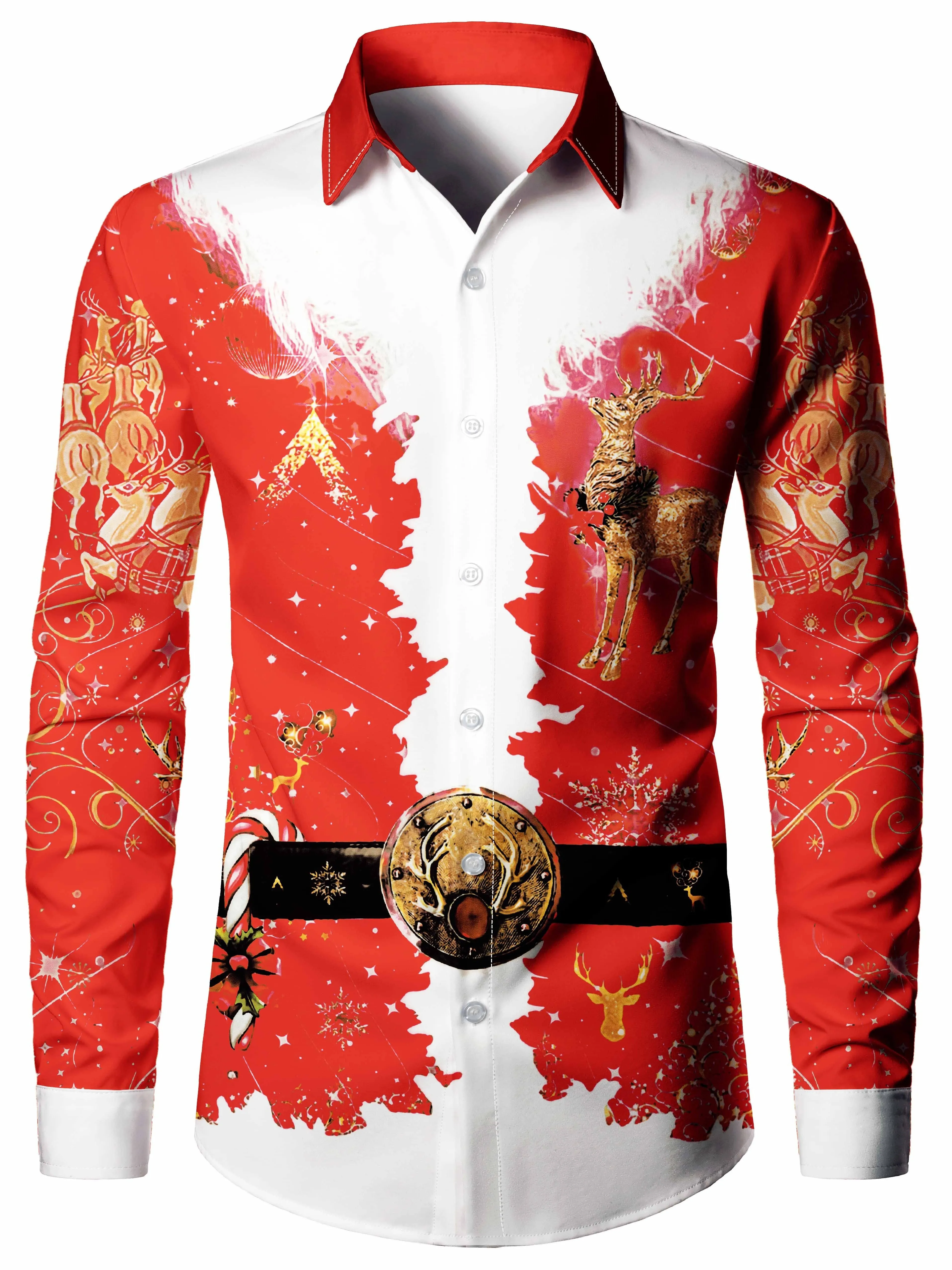 Camisa con patrón de Papá Noel para hombre, Tops con solapa, cierre de manga larga, camisas casuales para hombre, ropa de calle para vacaciones diarias