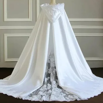 Bianco mantello da sposa con cappuccio pizzo raso invernale ...