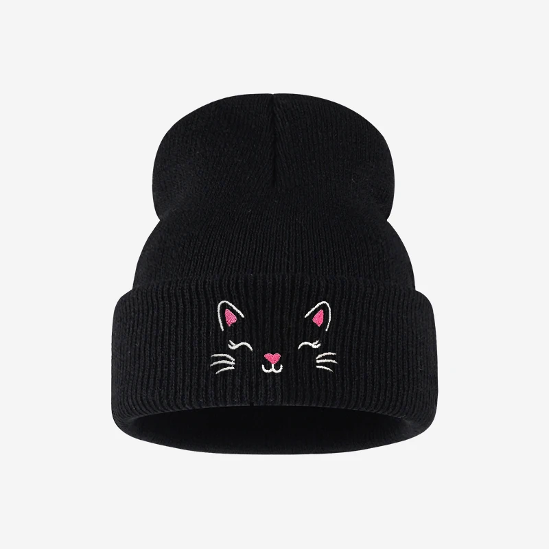 Fashion Lovely Toddler 1‑3Y Cuffed Knit Beanie Cute Cat Face Embroidery Soft Cozy for Park Daily Outing Playdate Holiday Gift