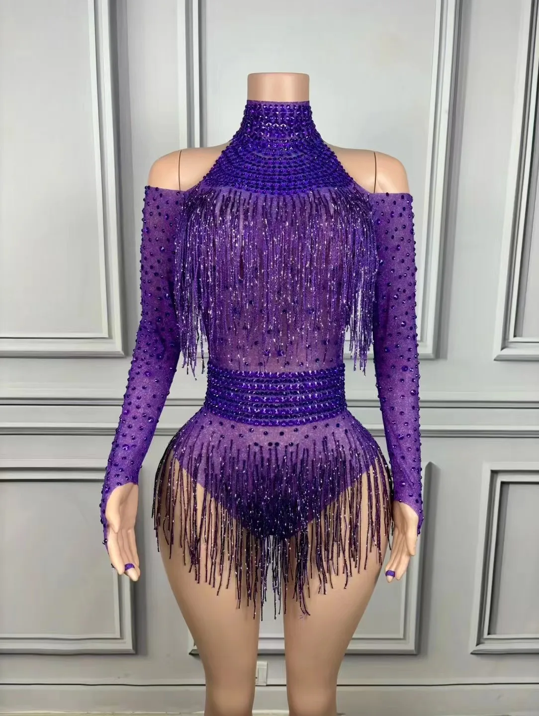 Costume da ballerino cantante Strass scintillanti Frange Body Body da ballo sexy Vestito da discoteca Spettacolo di spettacoli sul palco