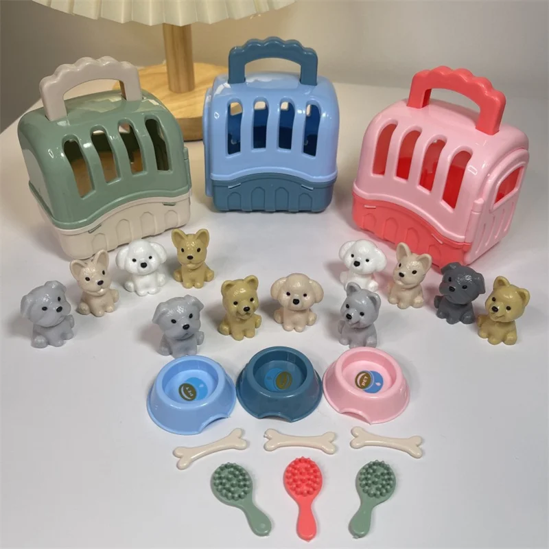 8Pcs/set Children Play House Pet Basket Toys Dog Doll Set Dog Cage Family Funny Toys Scene Playing Decoration Gifts