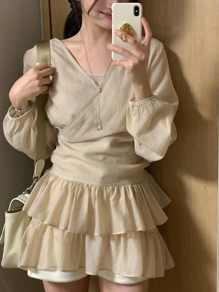 

Korea Chic Solid Patchwork Top Sets Autumn New French Sexy Camisole + Sweet Outerwear Blouse Harajuku Elegant Lace Two-piece Set