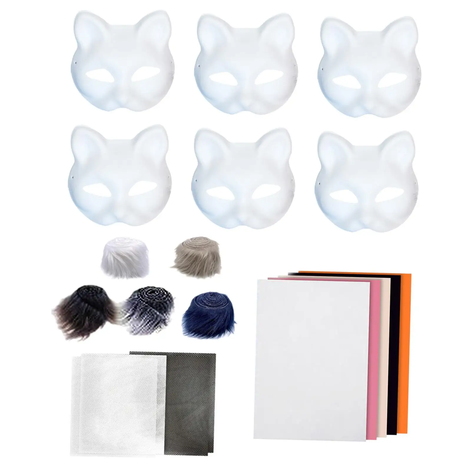 6Pcs Cat Mask Kit Hand Painted Face Mask White Paper Mask for Masquerade Dance