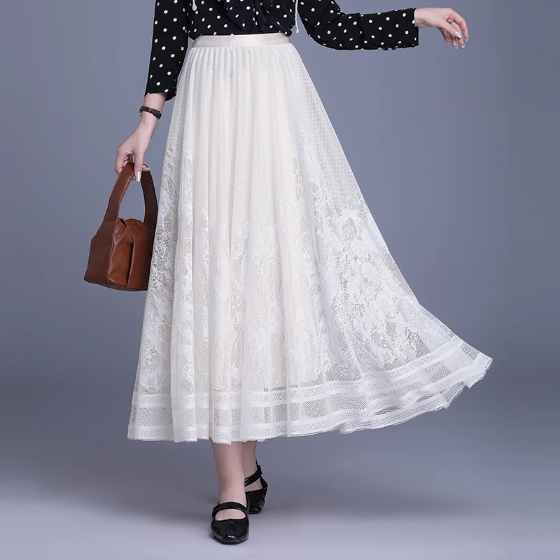 

Новая коллекция Весна 2025: Элегантная кружевная плиссированная юбка А-силуэта с завышенной талией, двусторонняя, стройнящая, с широким подолом