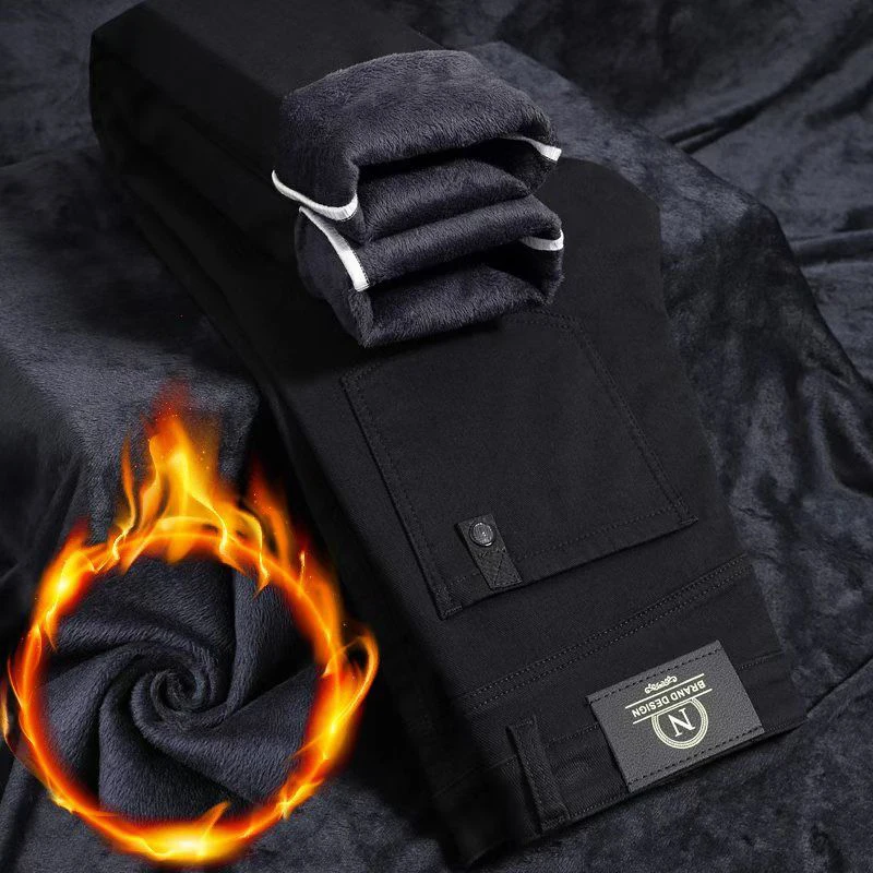 

Мужские модные саржевые теплые джинсы, мужские утолщенные повседневные свободные прямые джинсовые брюки на флисовой подкладке, удобные брюки выше