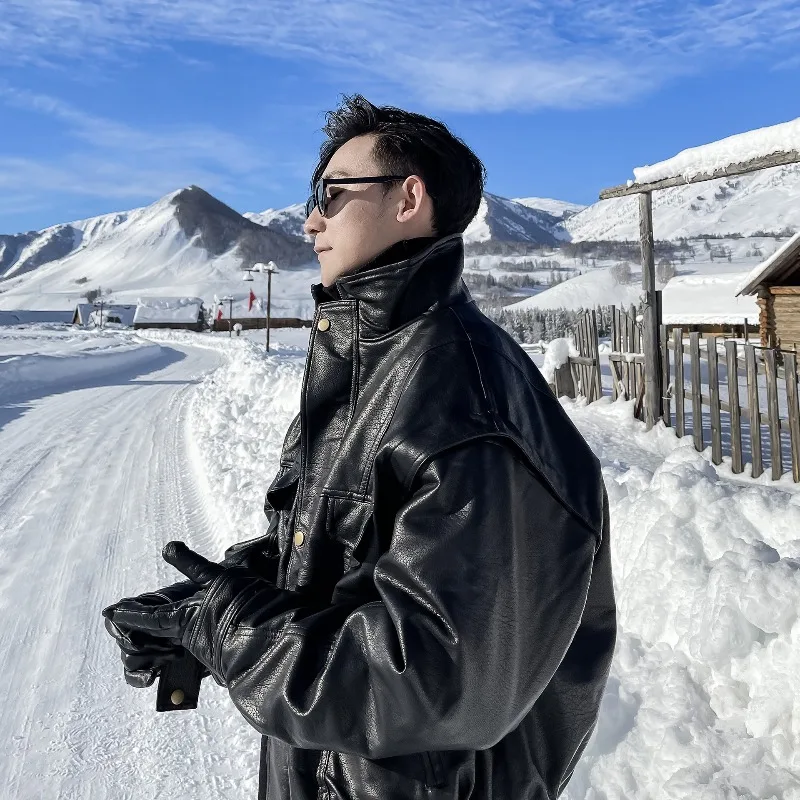 

Autumn Winter Waterproof Windproof Warm Men Coats Black Zip Casual Cool Fashion Stand Collar Spliced Big Pockets Men's PU Jacket