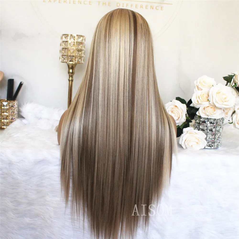 Highlight Brown 13x4 Lace Front Wig Long Straight Synthetic Lace Wigs For Women Middle Part Highlight Blonde Balayage Lace Wig