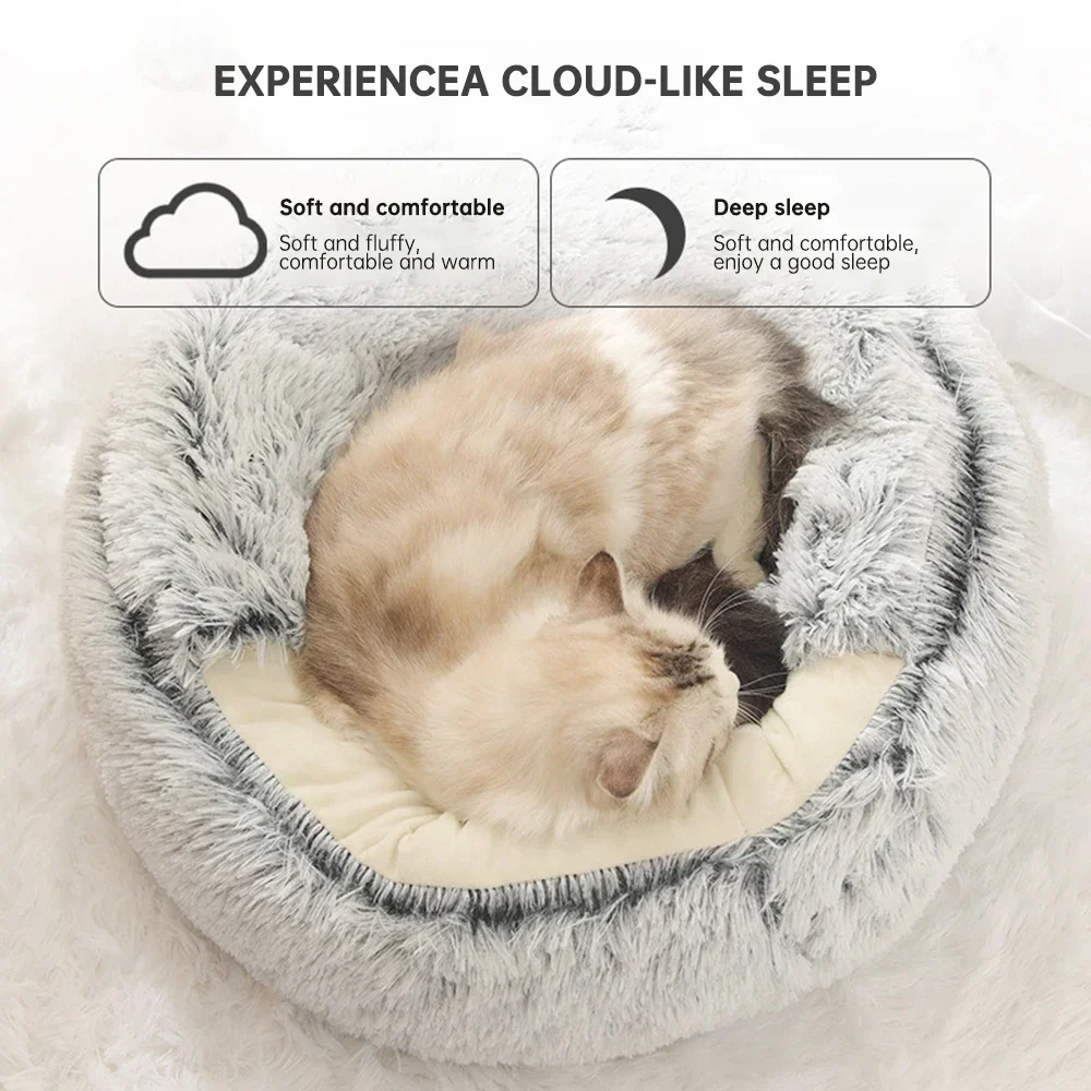 Winter Long Soft Plush Round Cat Bed Pet Mattress Warm Comfortable Basket Cat Dog 2 In 1 Sleeping Bag Nest For Small Dogs Cats